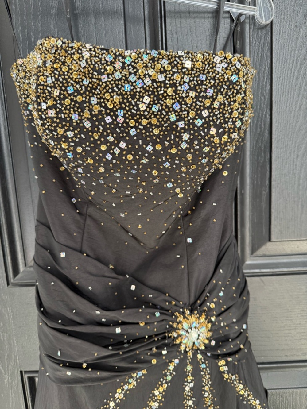 Black Strapless Jeweled Camisole with Gold and Iridescent Embellishments